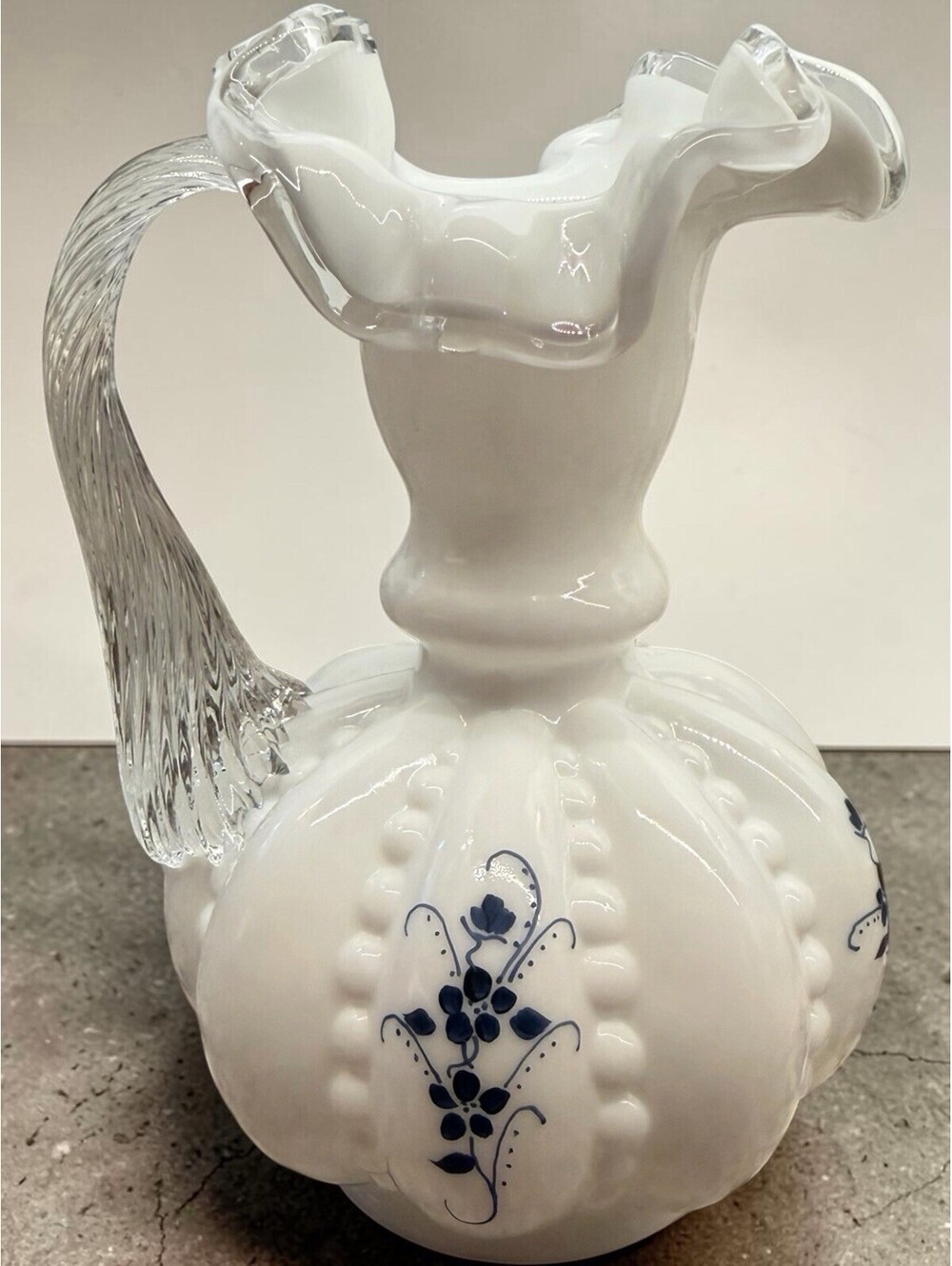 Vintage Fenton Silver Crest Beaded Ruffle Top Melon Pitcher Handpainted Signed